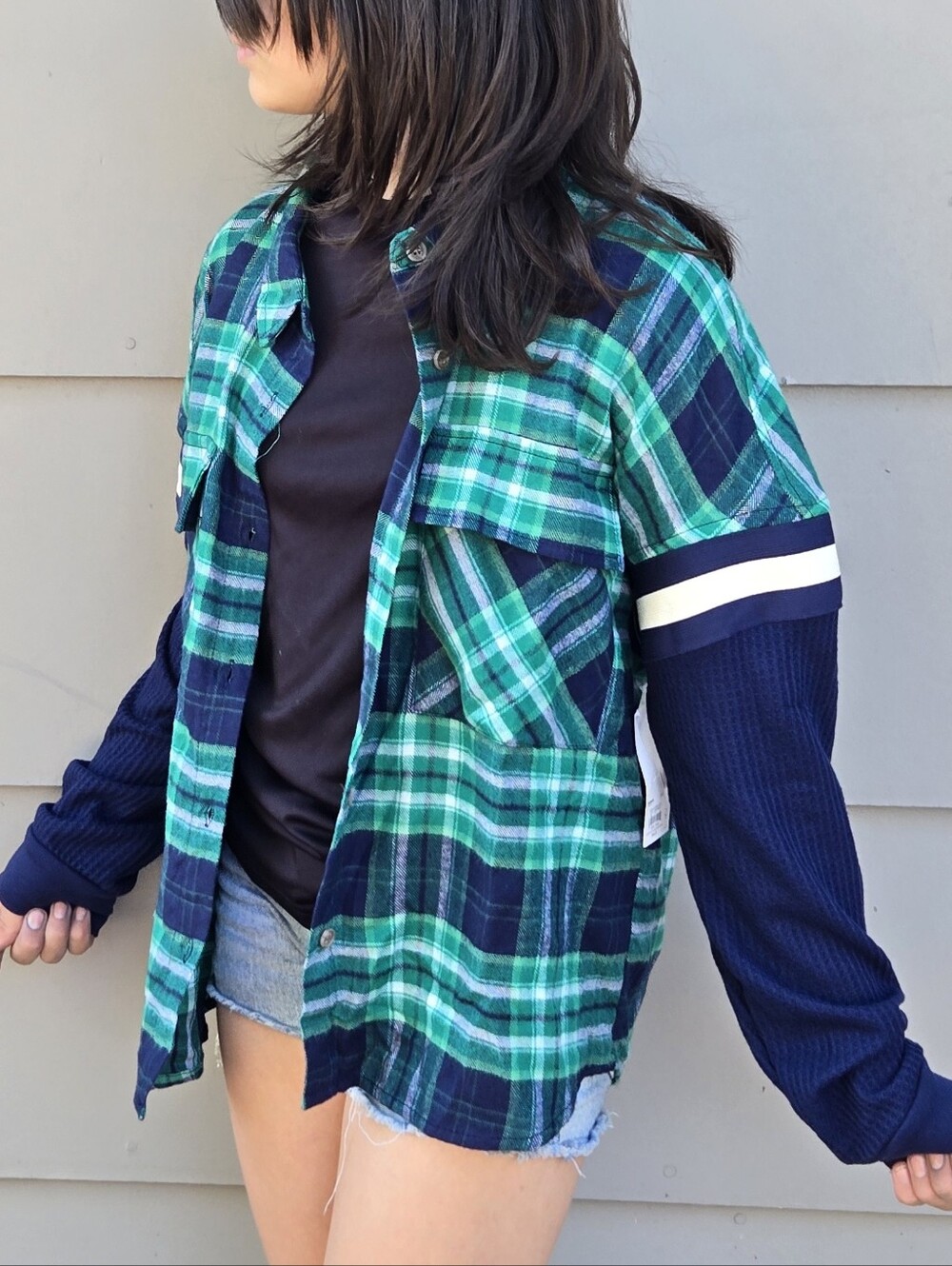 NWT Plaid Green & Blue Button-Up Shirt with Navy Flannel Sleeves, Size Juniors S - Picture 13 of 14